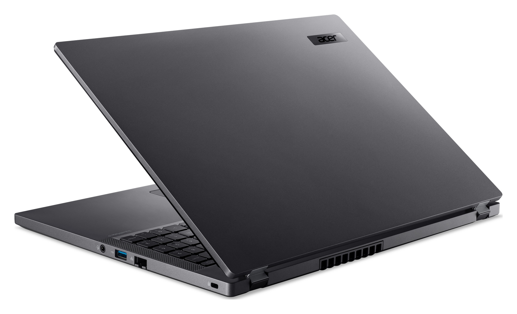 Laptop Acer grigio chiuso con tastiera e porte visibili.
