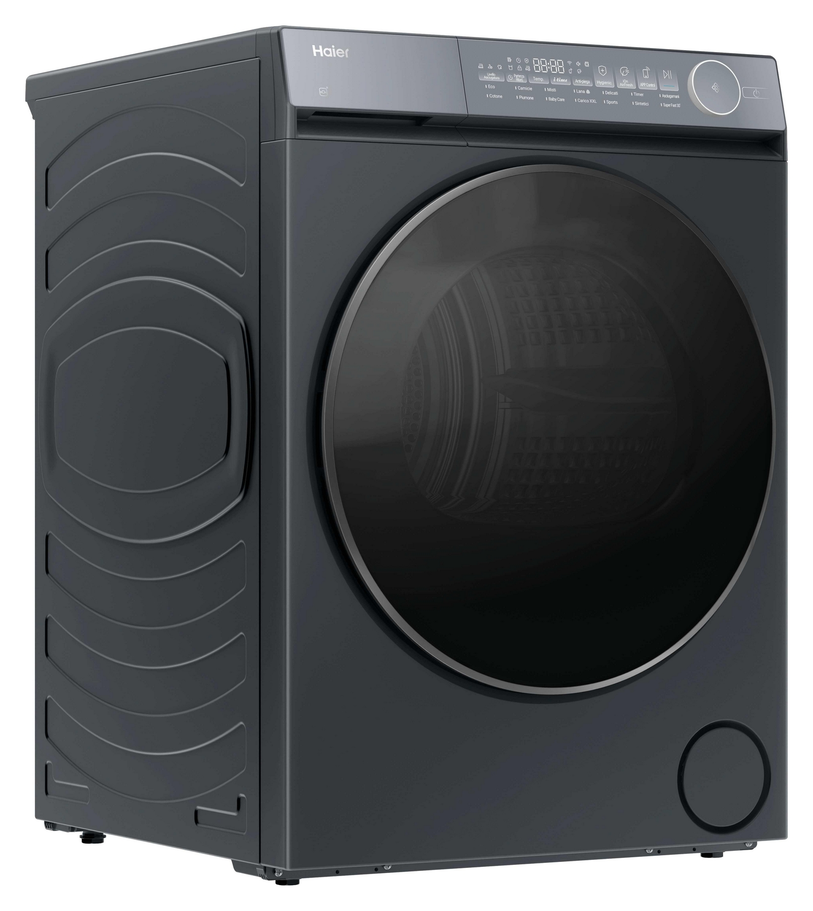 Una lavatrice Haier scura con grande oblò rotondo e pannello di controllo.