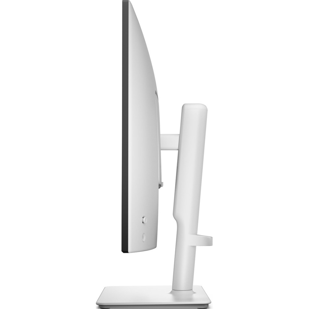 Widok z boku białego monitora z wąską ramką i podstawką.