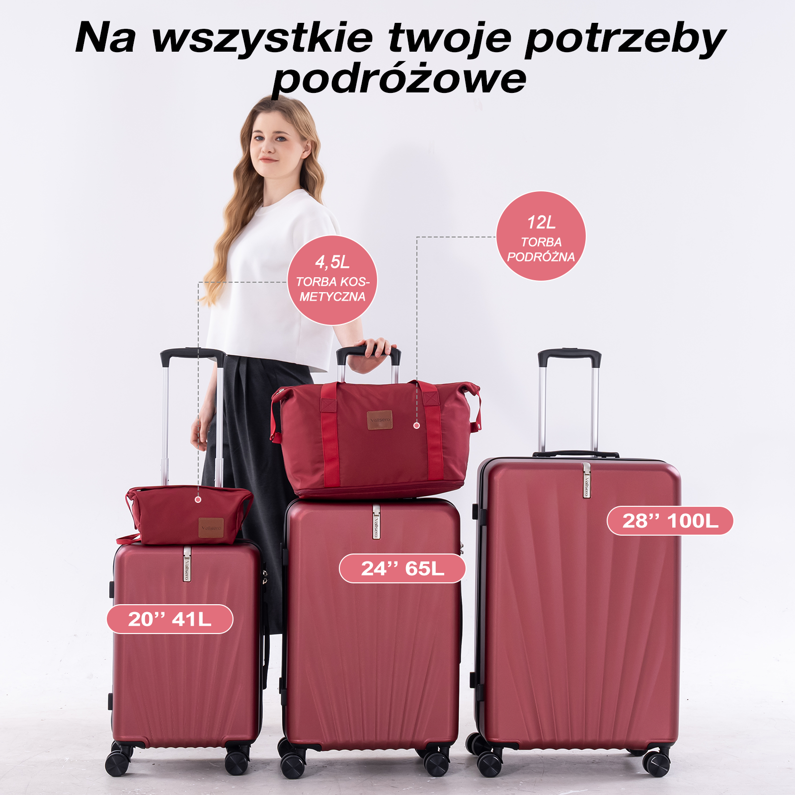 Kobieta stoi obok trzech czerwonych walizek i czerwonej torby podróżnej.