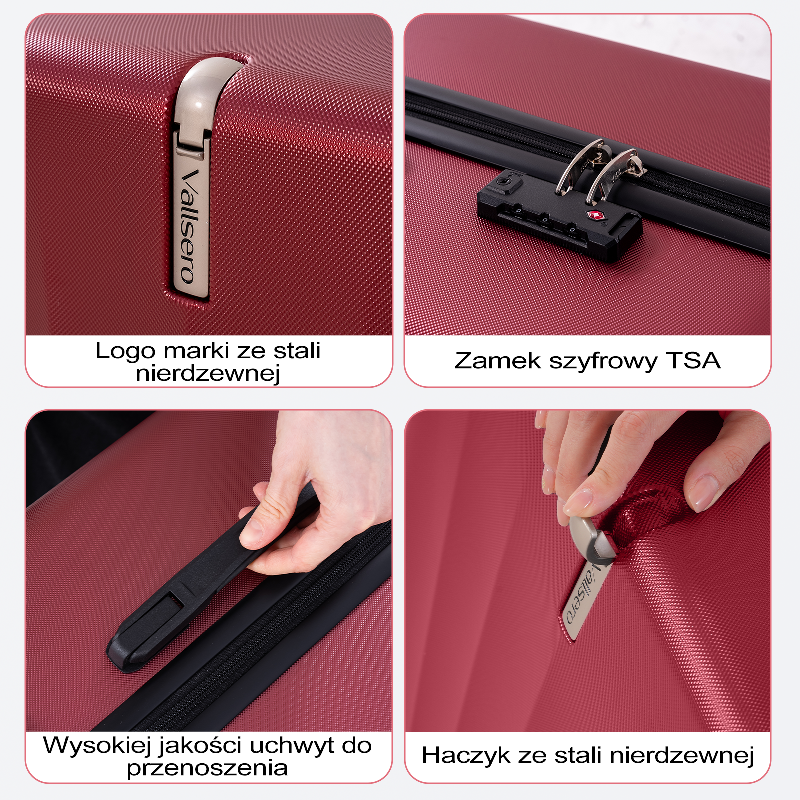 Czerwona walizka z metalowym logo, zamkiem TSA, uchwytem i hakiem.