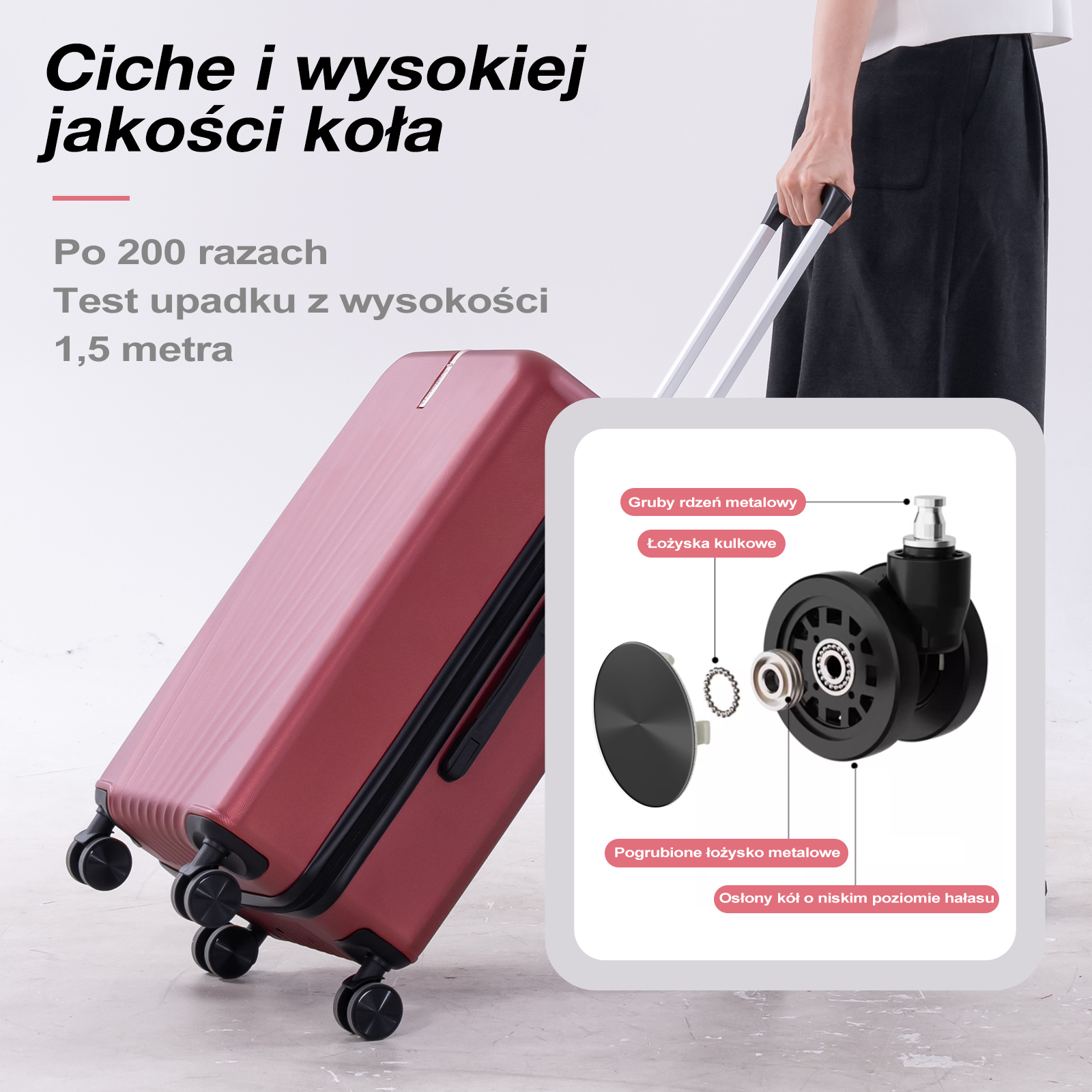 Czerwona walizka z zbliżeniem koła i jego części.