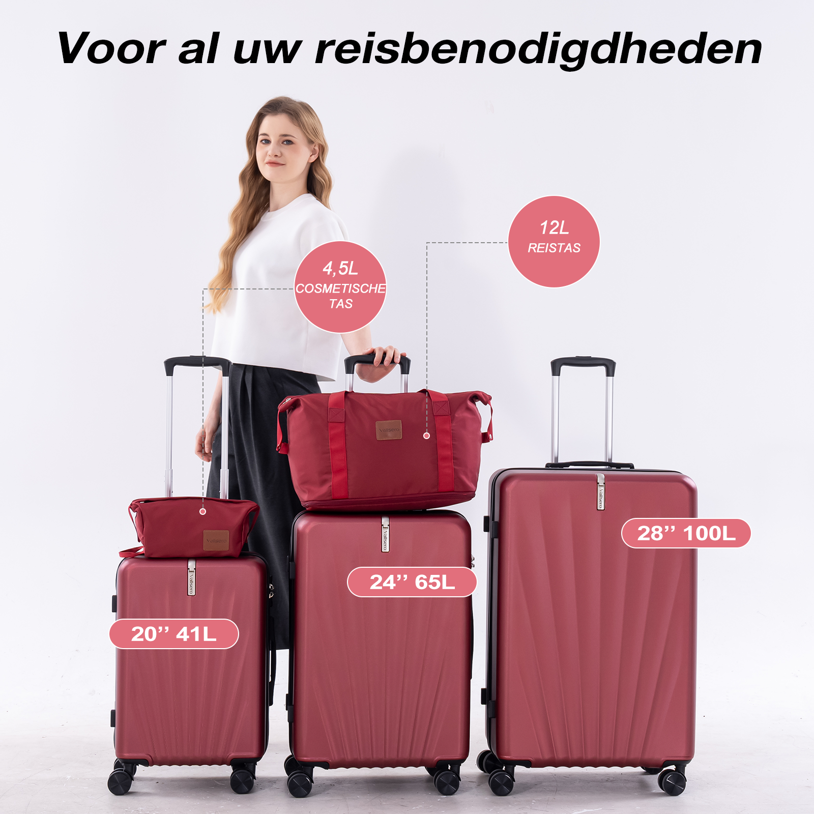 Woman with red luggage and bags in various sizes. Labels indicate sizes.