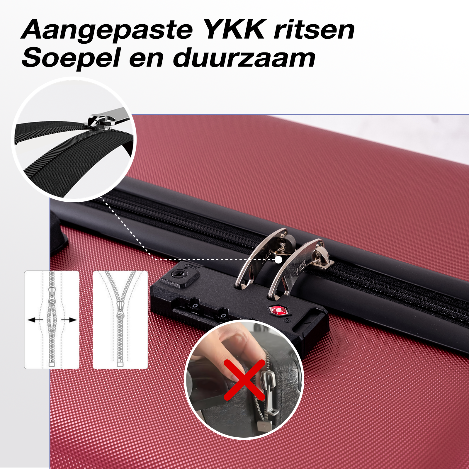 Close-up of a red suitcase with a TSA lock and zipper. Details show zipper mechanism.