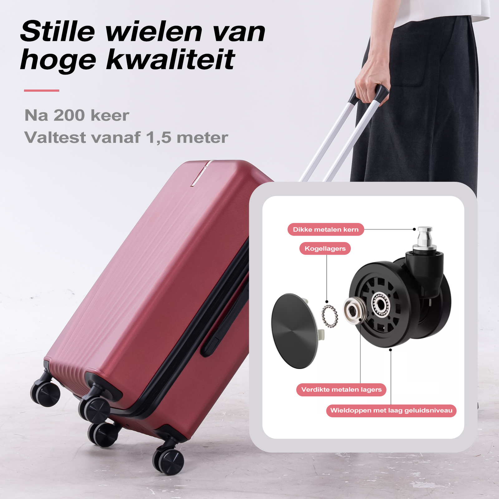 A red suitcase with a detailed wheel diagram beside it.
