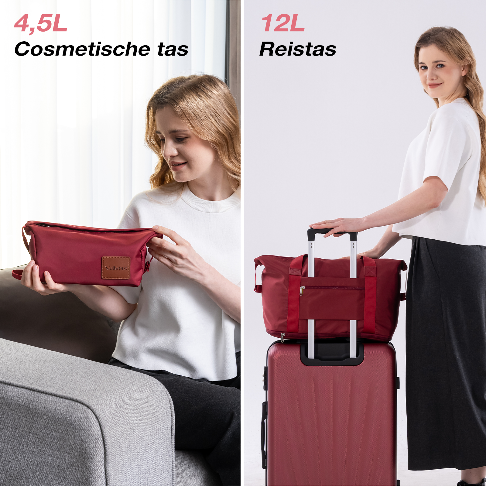 Woman holds a red cosmetic bag. Beside her, a woman with a red suitcase and travel bag.