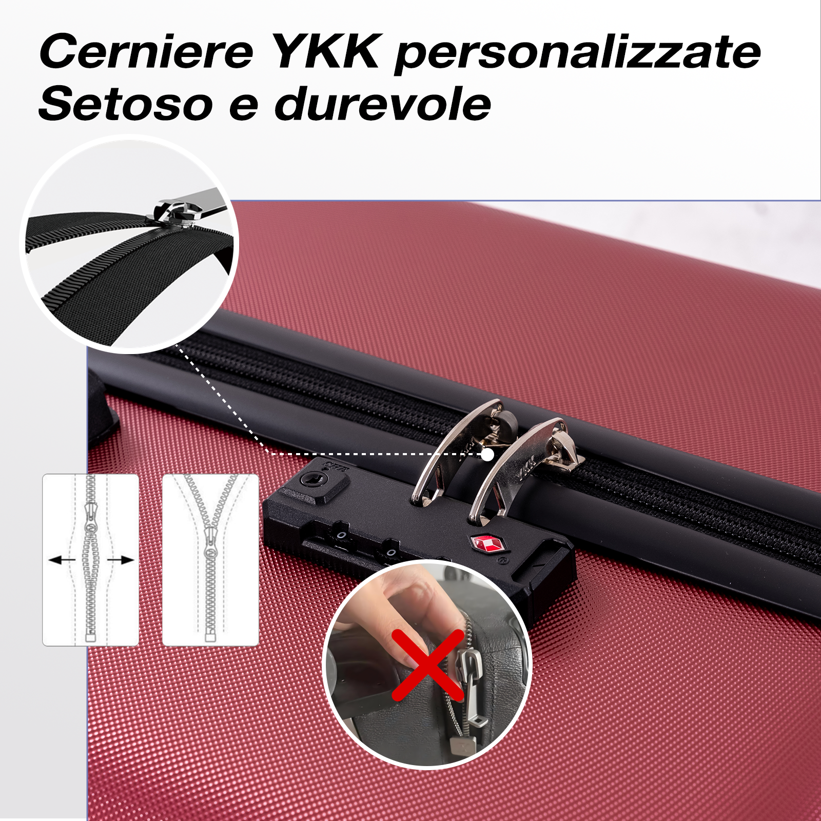 Primo piano di una borsa rossa con cerniera e lucchetto TSA e viste dettagliate.