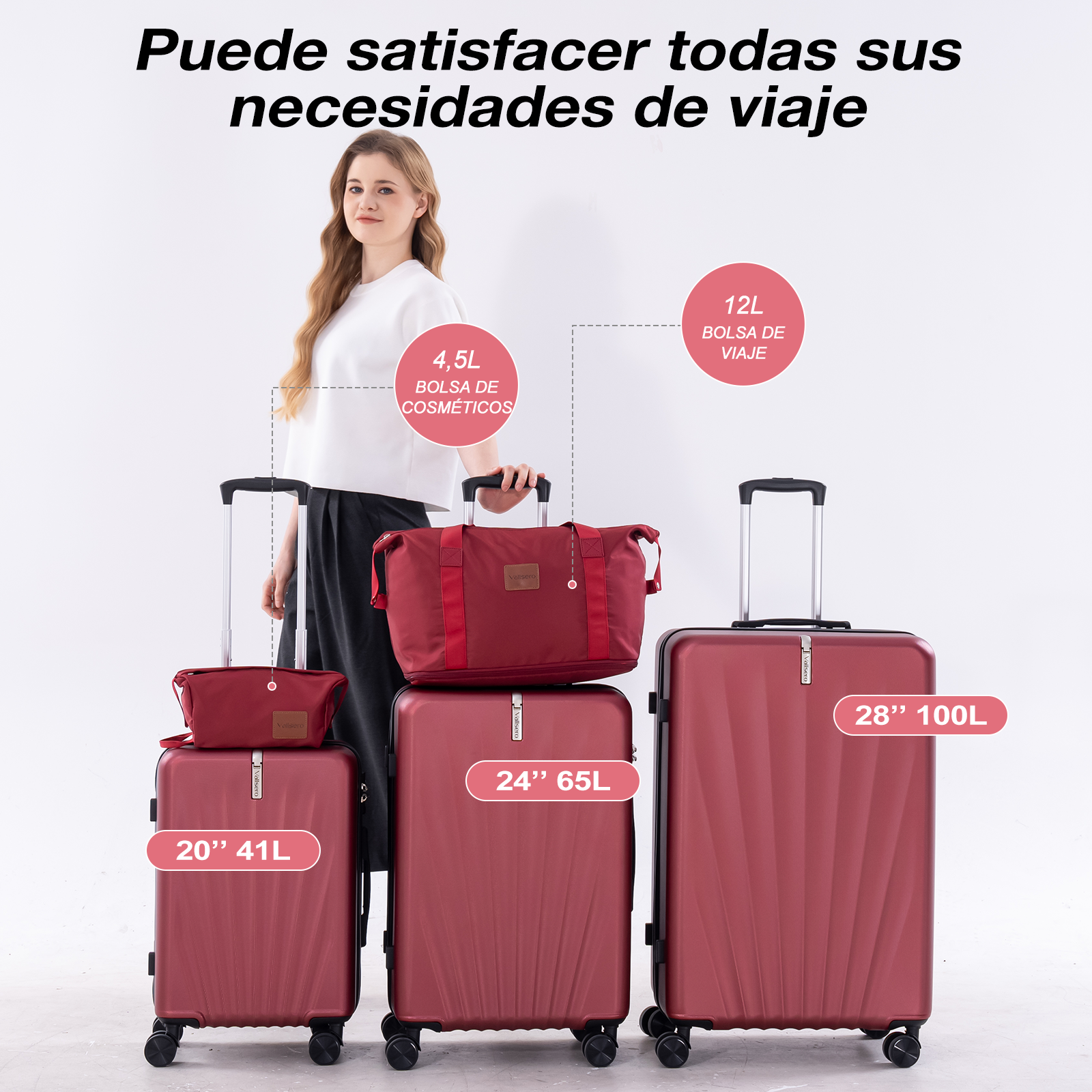 Una mujer está frente a varias maletas rojas de diferentes tamaños.
