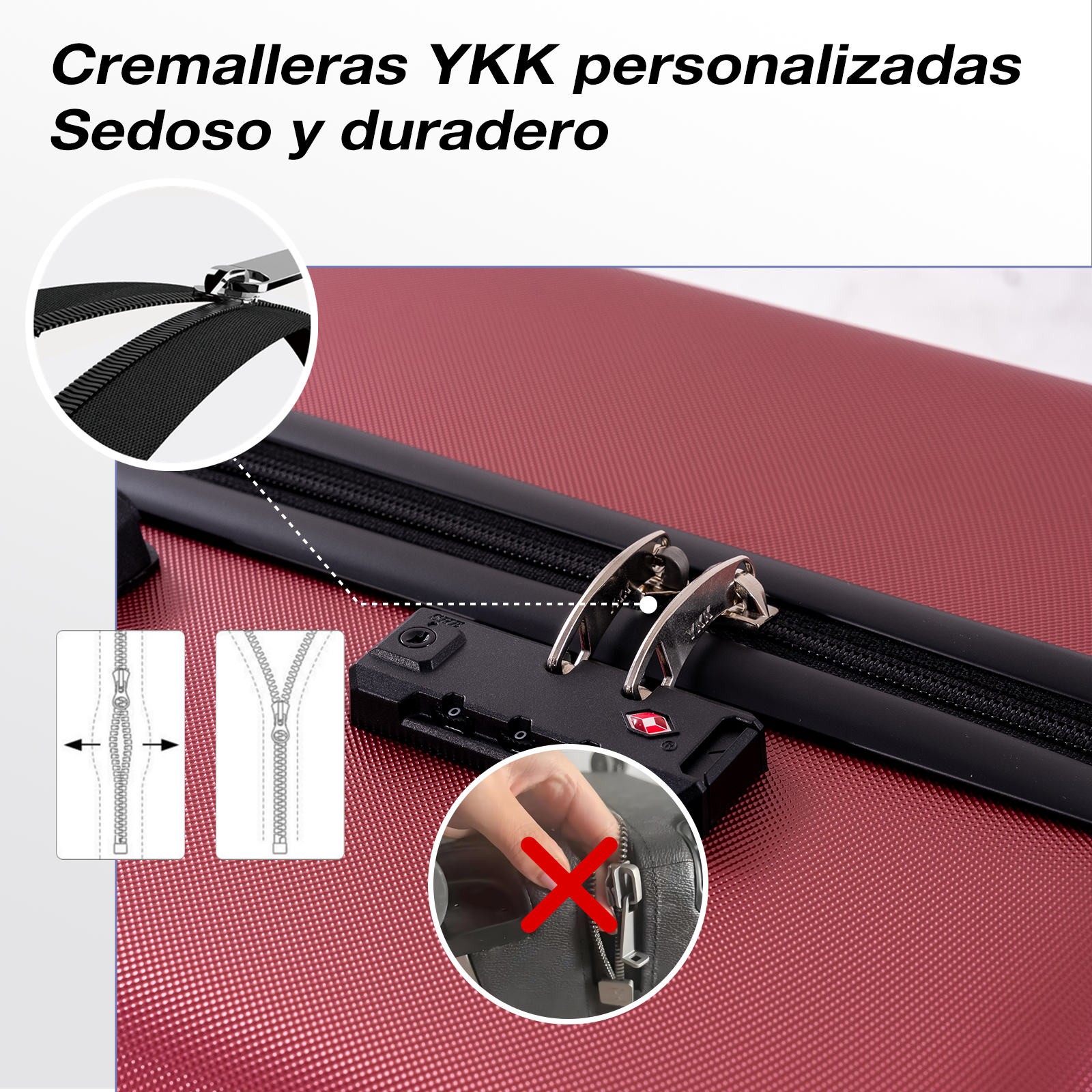 Maleta roja con candado TSA, primer plano de detalles y instrucciones.