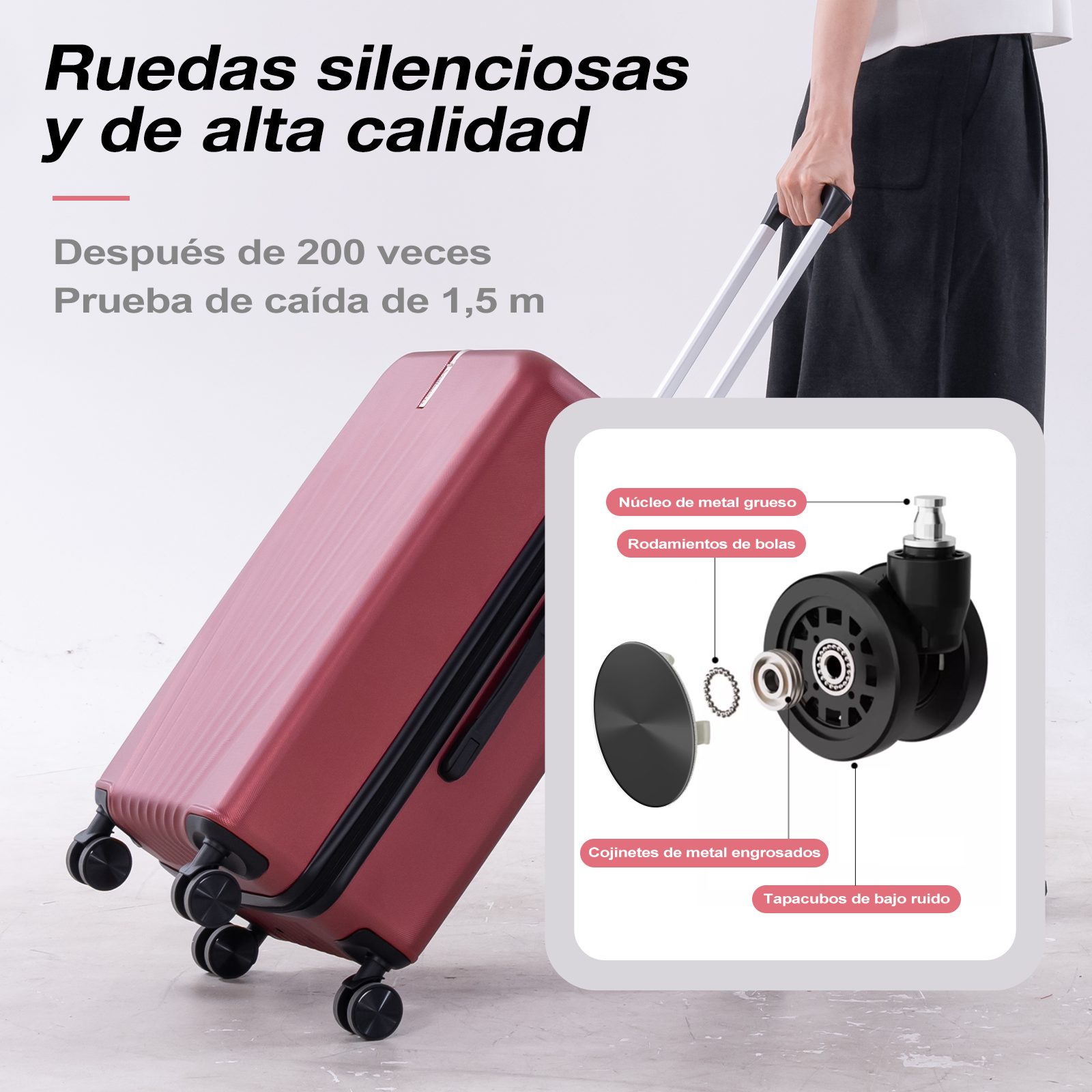Maleta roja con vista detallada de una rueda y rodamientos de bolas.