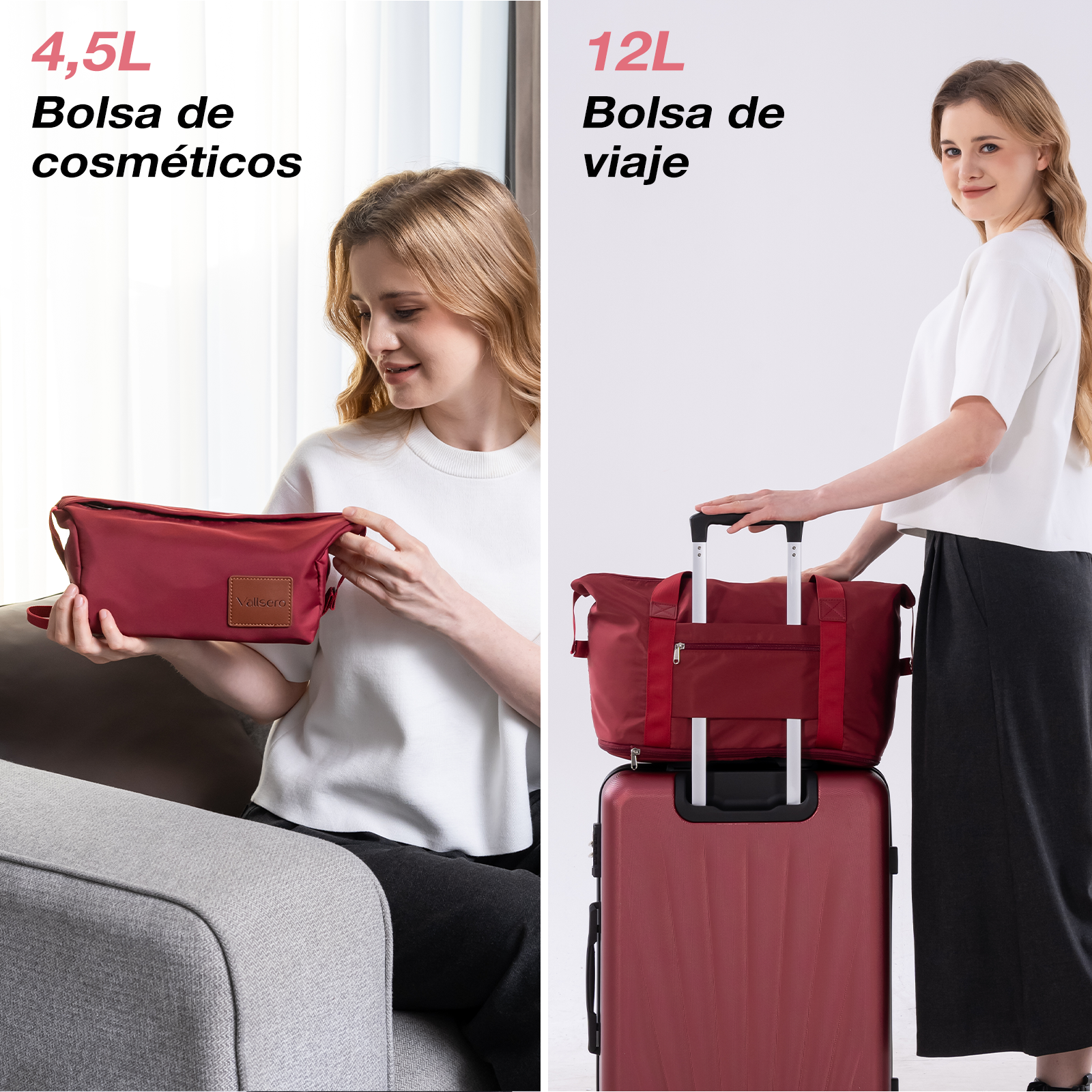 Mujer sostiene neceser rojo; Mujer con bolsa de viaje sobre maleta.