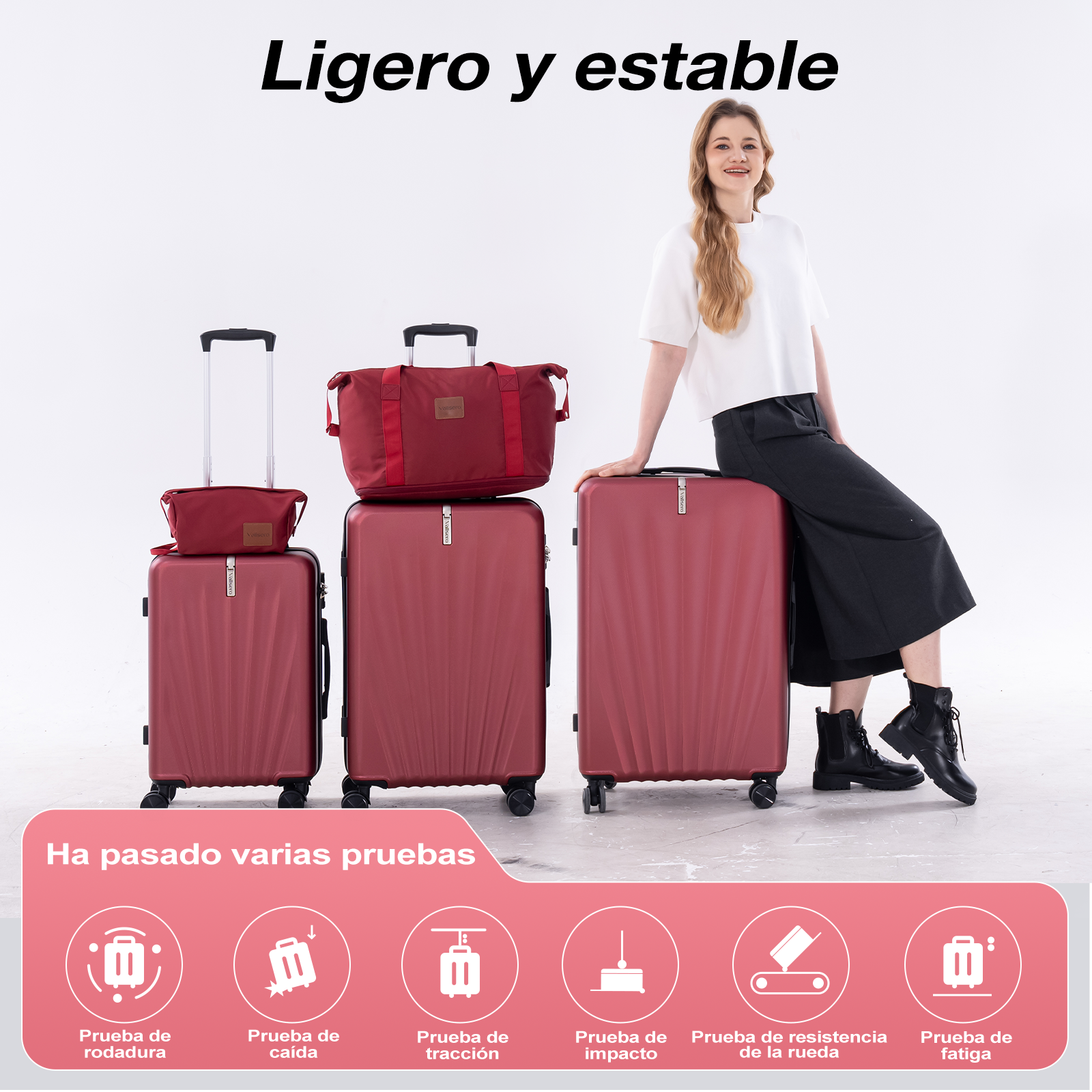 Una mujer sentada en una maleta roja, con más equipaje al lado.