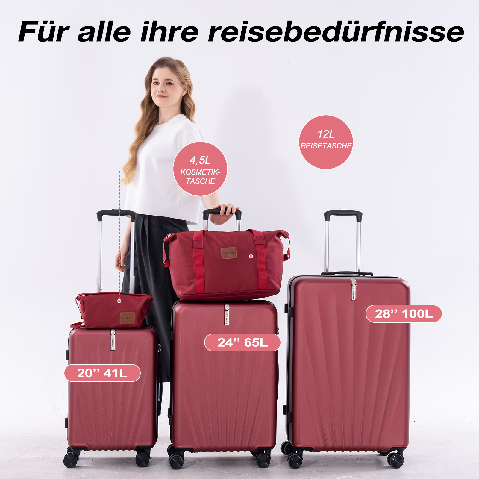 Eine Frau steht neben roten Koffern und Reisetaschen in verschiedenen Größen.