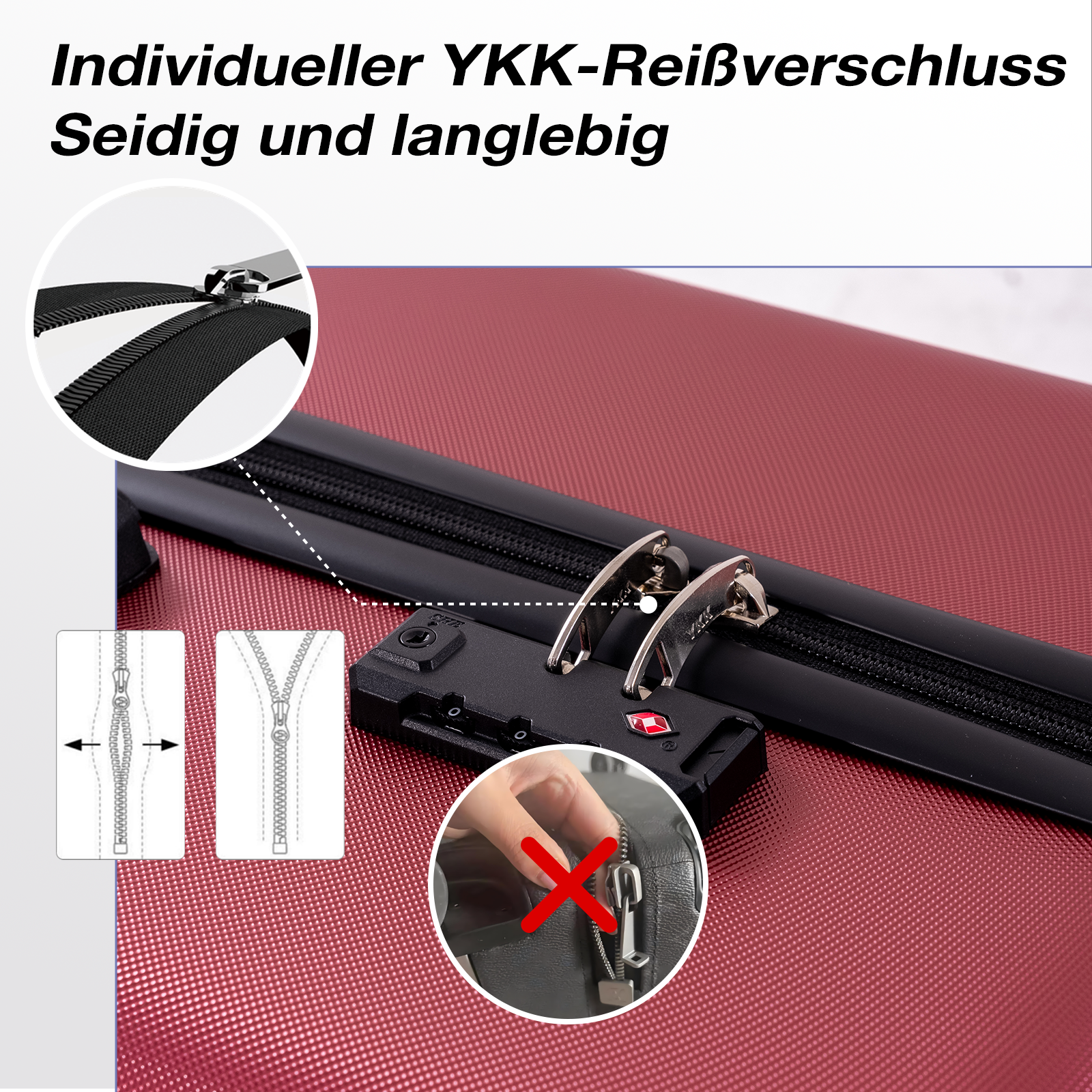 Ein roter Koffer mit Reißverschluss, Zahlenschloss und Nahaufnahmen des Reißverschlusses.