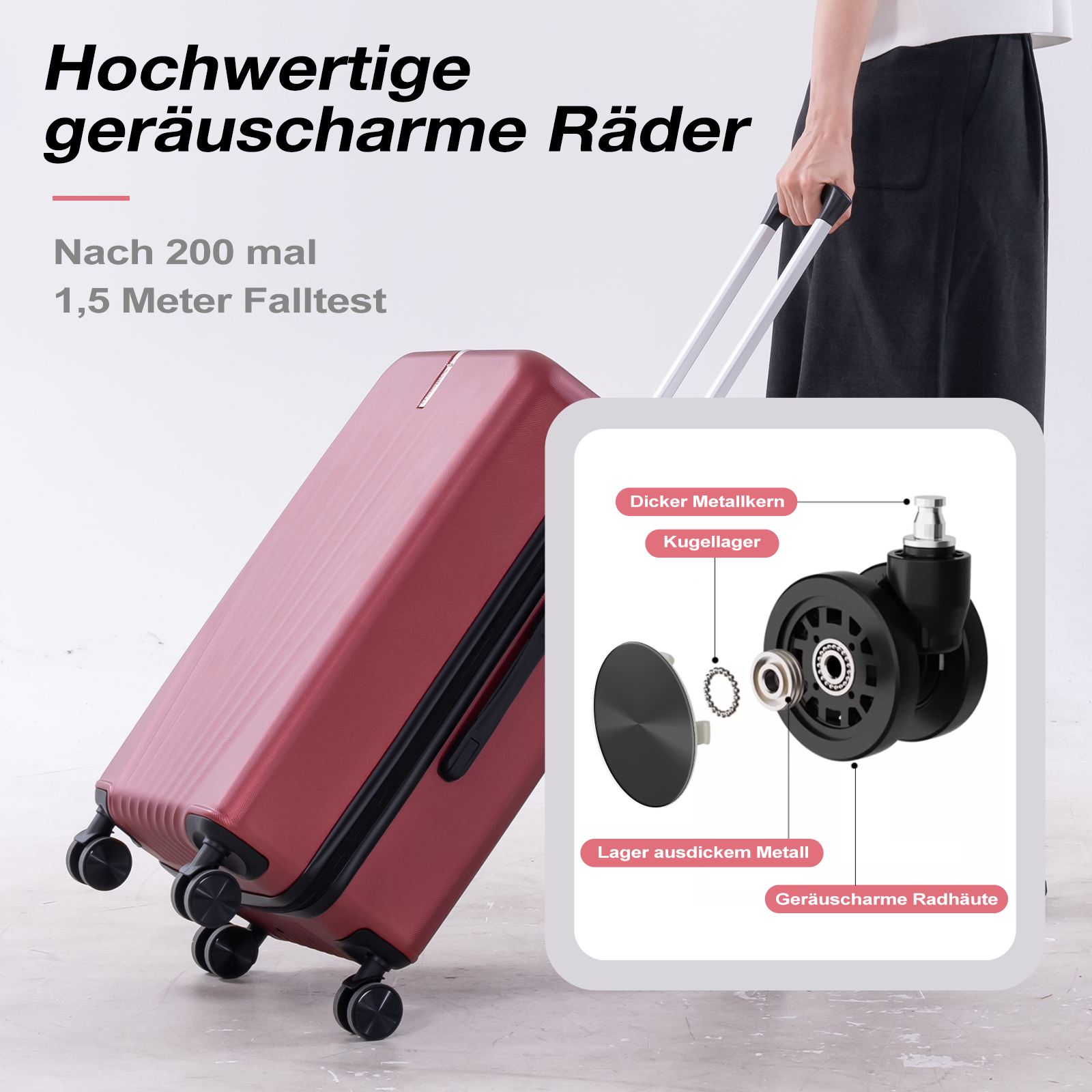 Roter Koffer mit Detailansicht eines geräuscharmen Rades mit Kugellager.