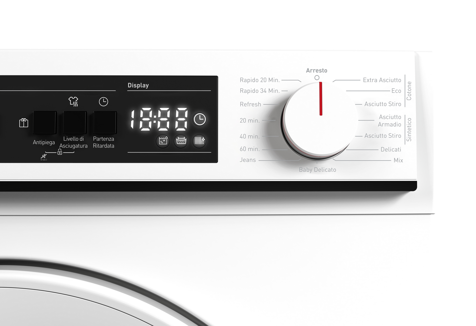 Pannello di controllo bianco con display digitale e selettore programmi.