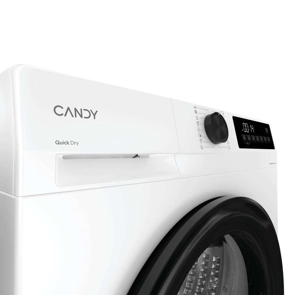 Lavatrice Candy bianca con manopola rotante nera e display digitale.