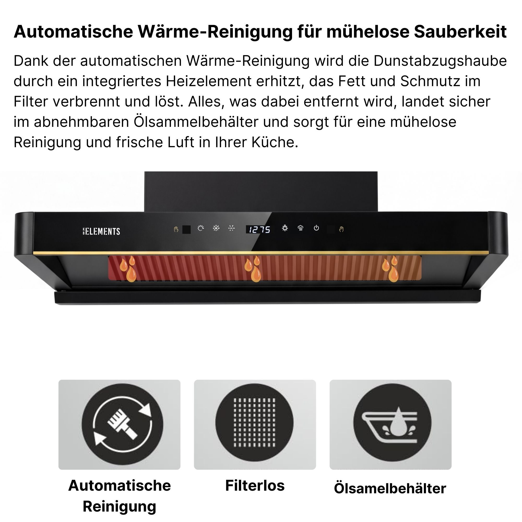 Schwarze Dunstabzugshaube mit Heizelement und Tropfen.