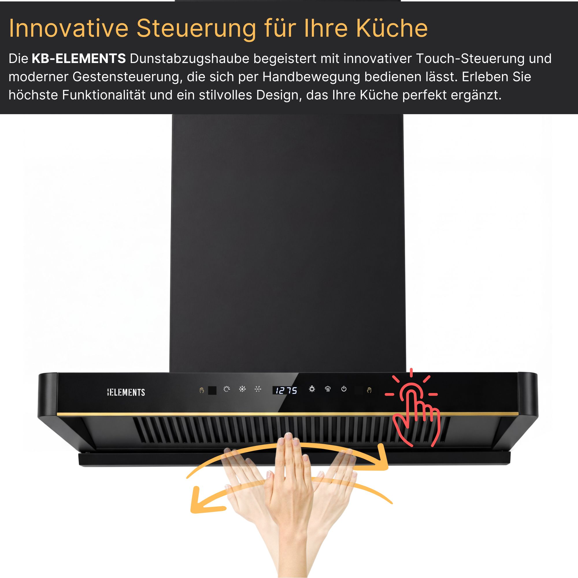 Schwarze Dunstabzugshaube mit Touch-Bedienfeld und gestischer Steuerung.