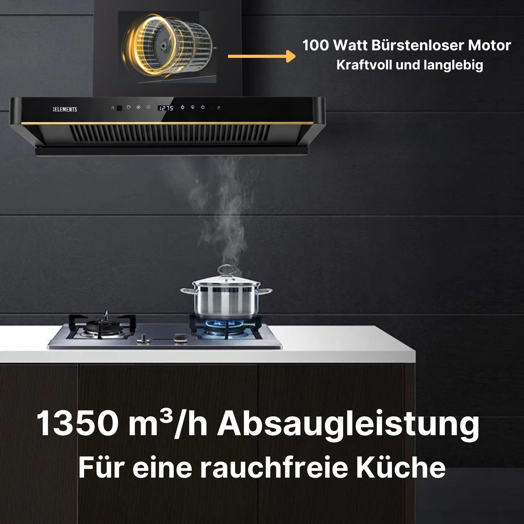Edles Dunstabzugshaube über einem Kochfeld mit dampfendem Topf.