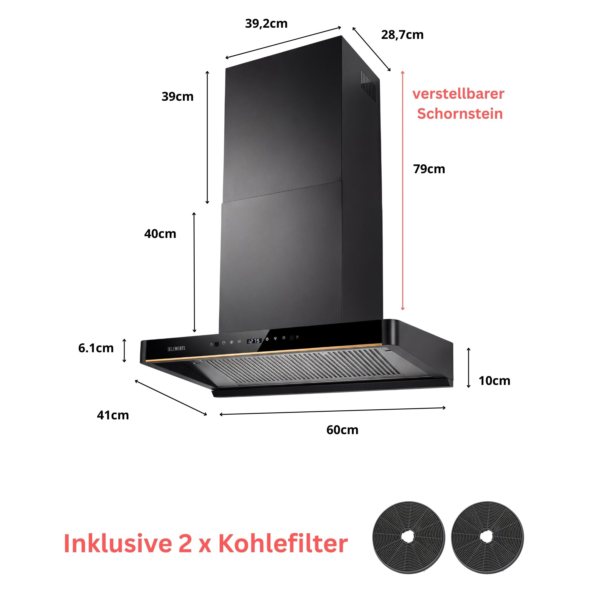 Schwarze Dunstabzugshaube mit Maßen und zwei Kohlefiltern.