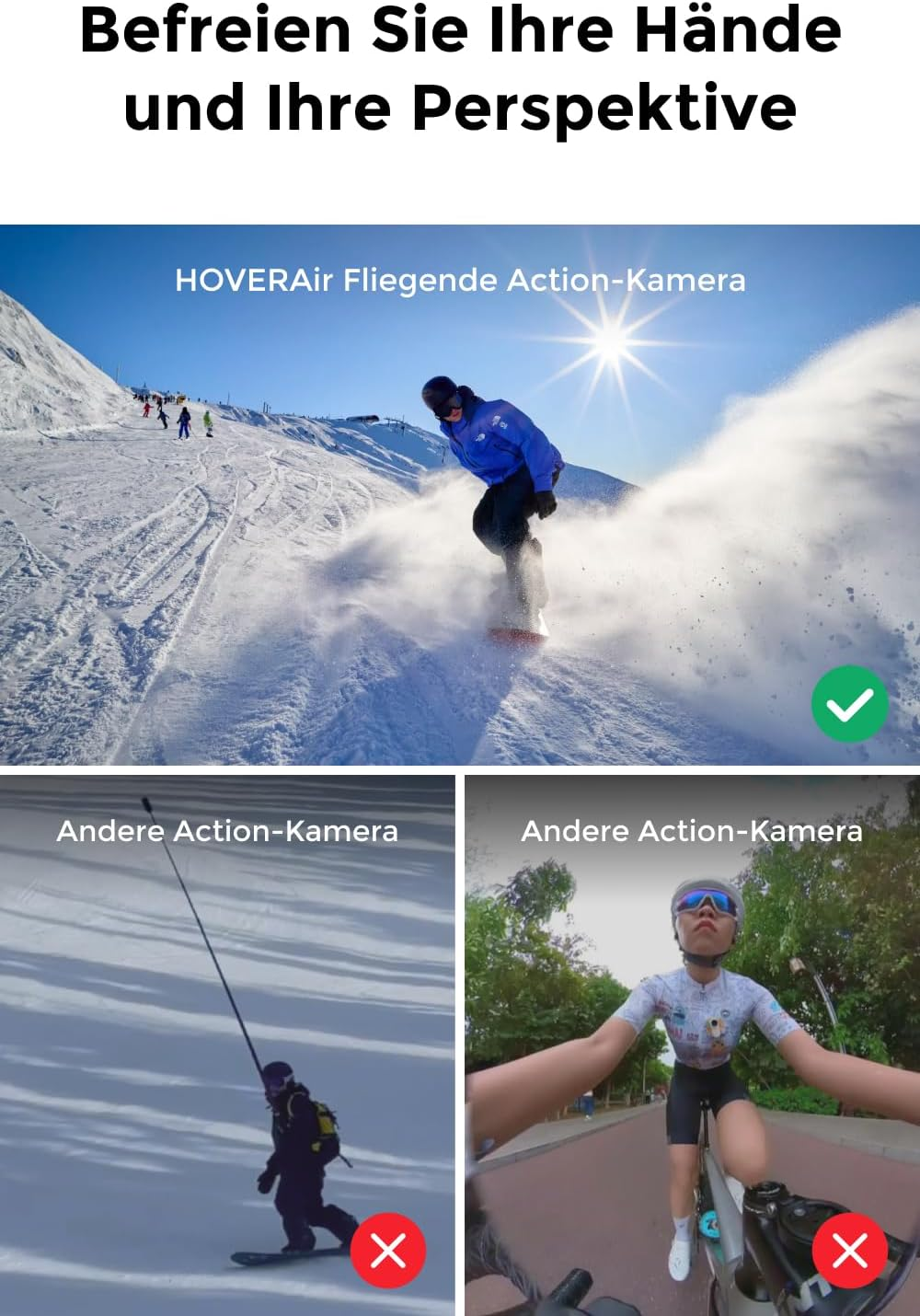 Snowboardzista jedzie w dół, obok dwie sceny z kamerami sportowymi.