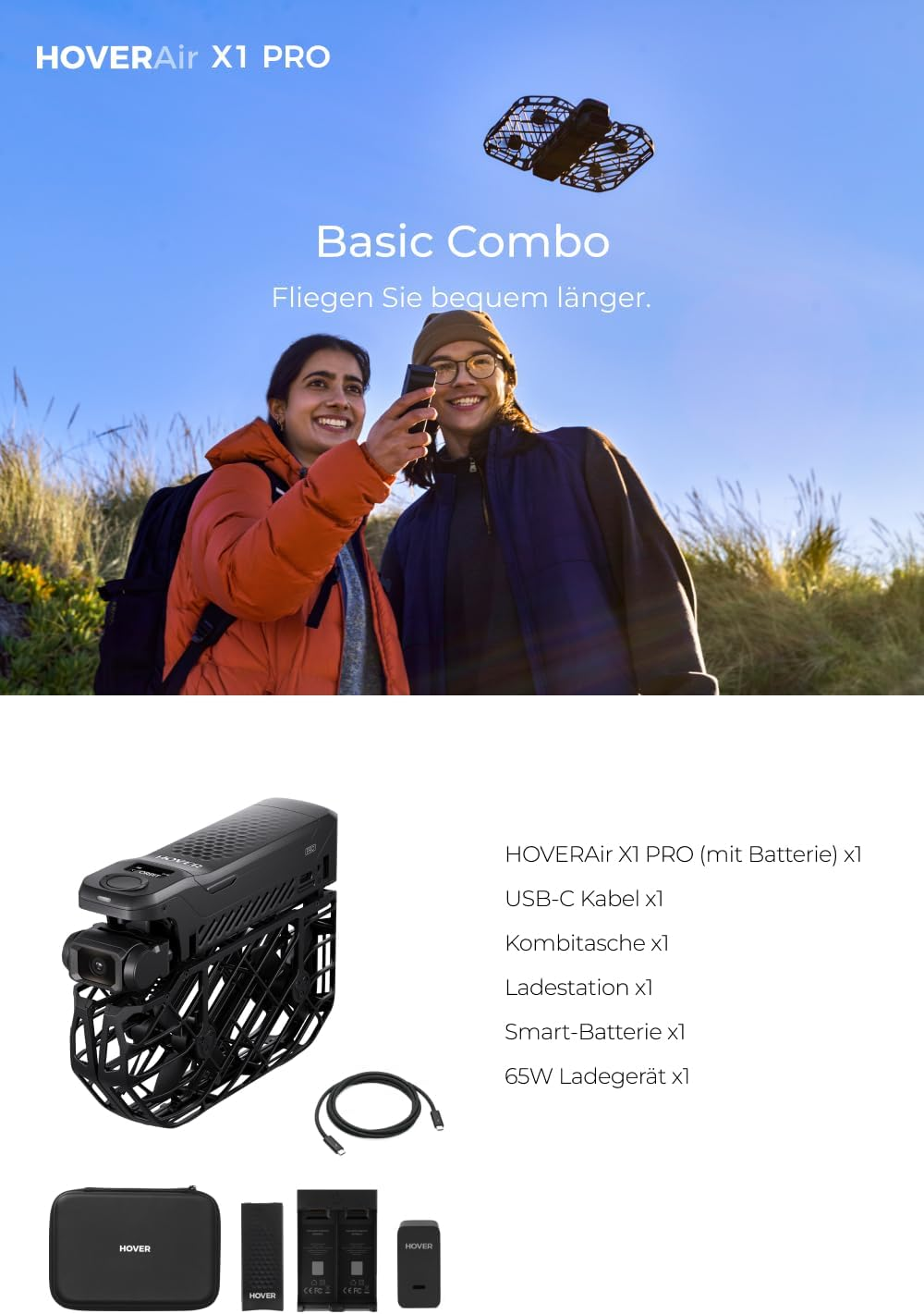 Dwoje młodych ludzi robi sobie selfie z dronem na niebie.