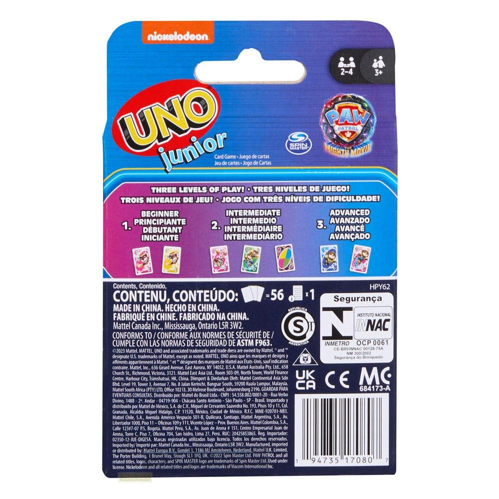UNO Junior kaartspeldoos met Paw Patrol thema en speelniveaus.