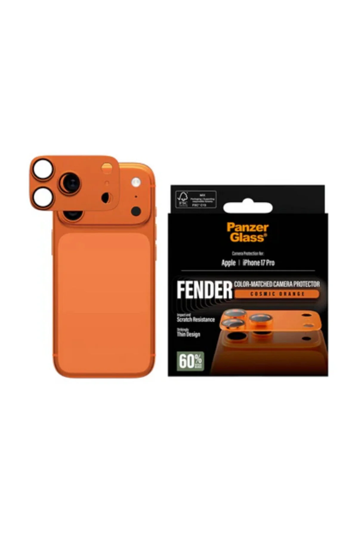 Oranje iPhone met verpakking voor cameraprotector. Panzer Glass Fender.