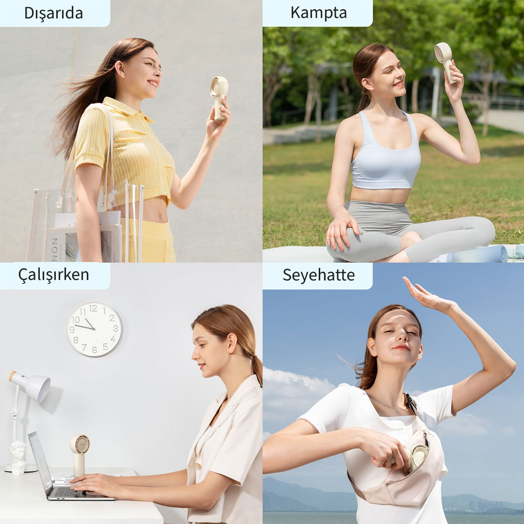 Quatre scènes : femme dehors, faisant du sport, travaillant et voyageant.