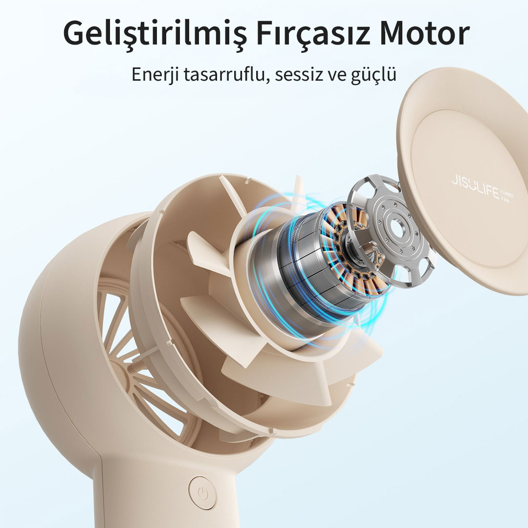 Un ventilateur beige avec moteur, pales et couvercle exposés.