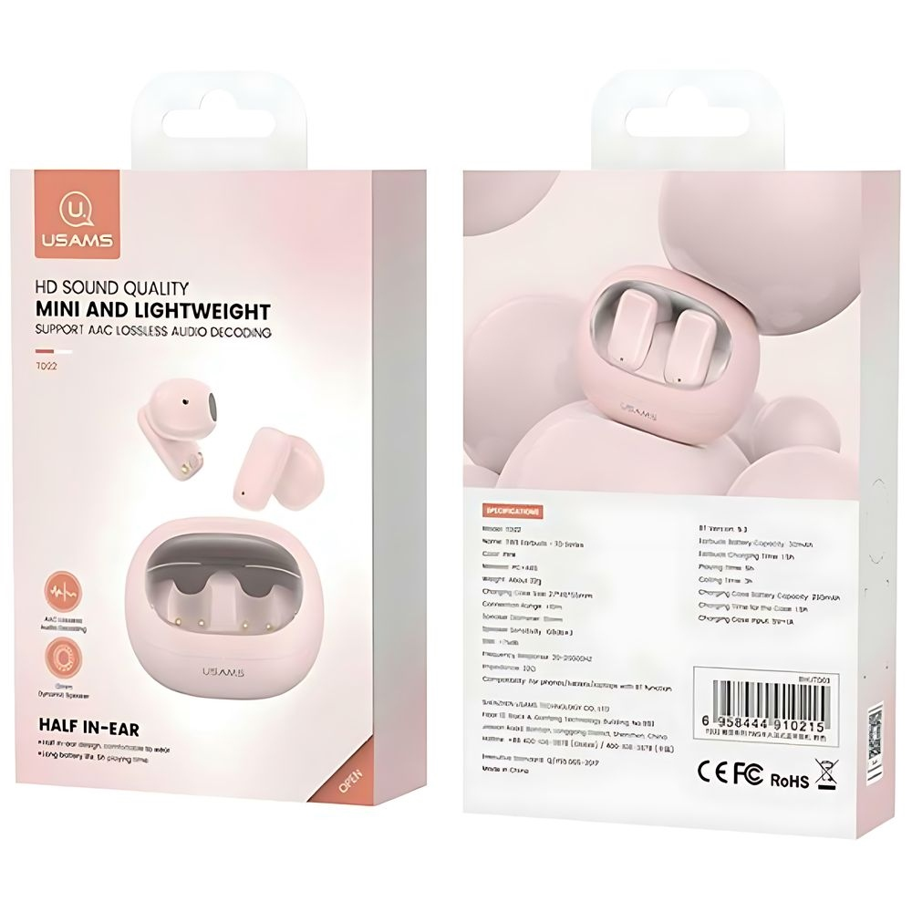 Verpackung für USAMS Mini-Kopfhörer in Rosa mit Spezifikationen und Bild der Kopfhörer.