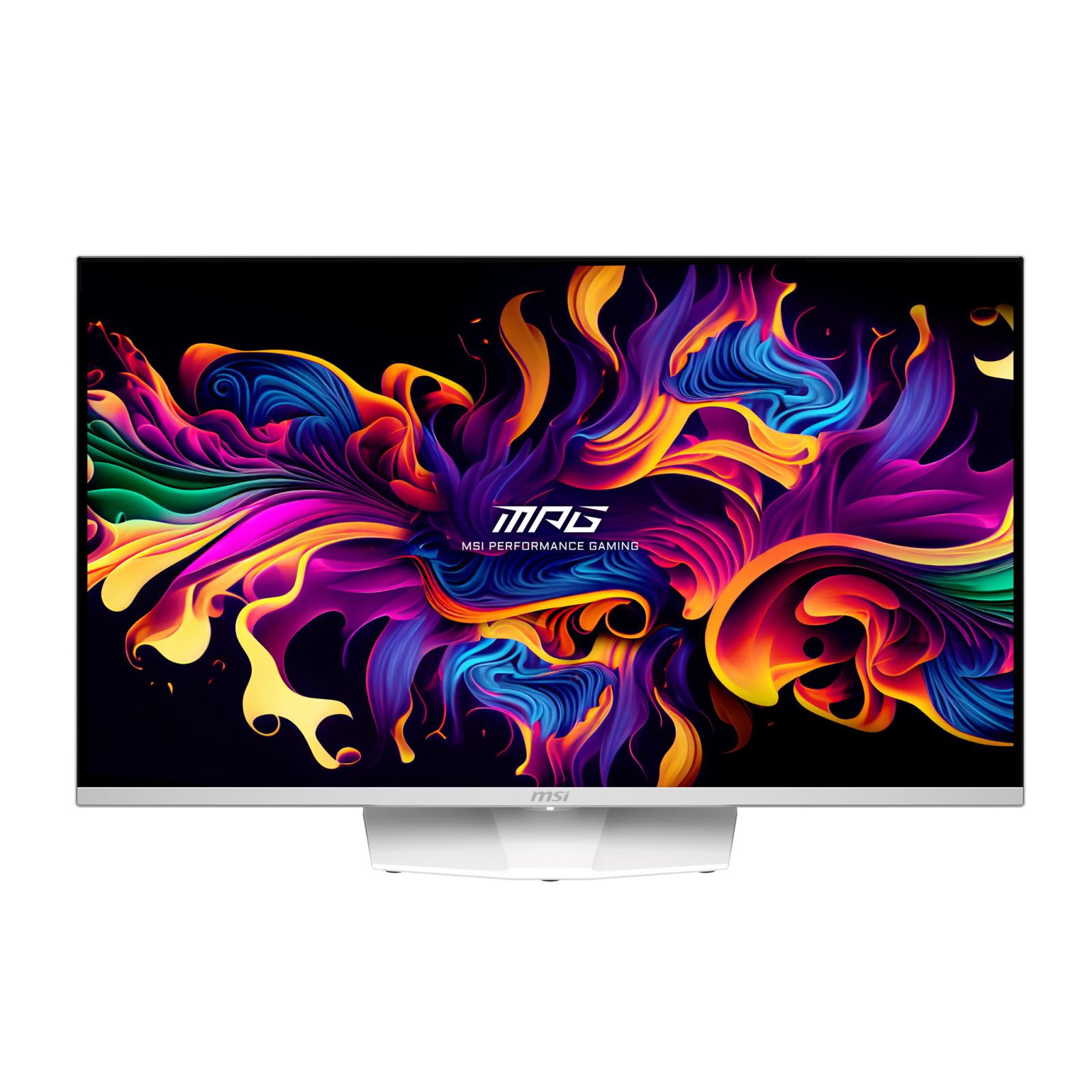 Monitor MSI z kolorową tapetą przypominającą płomień.