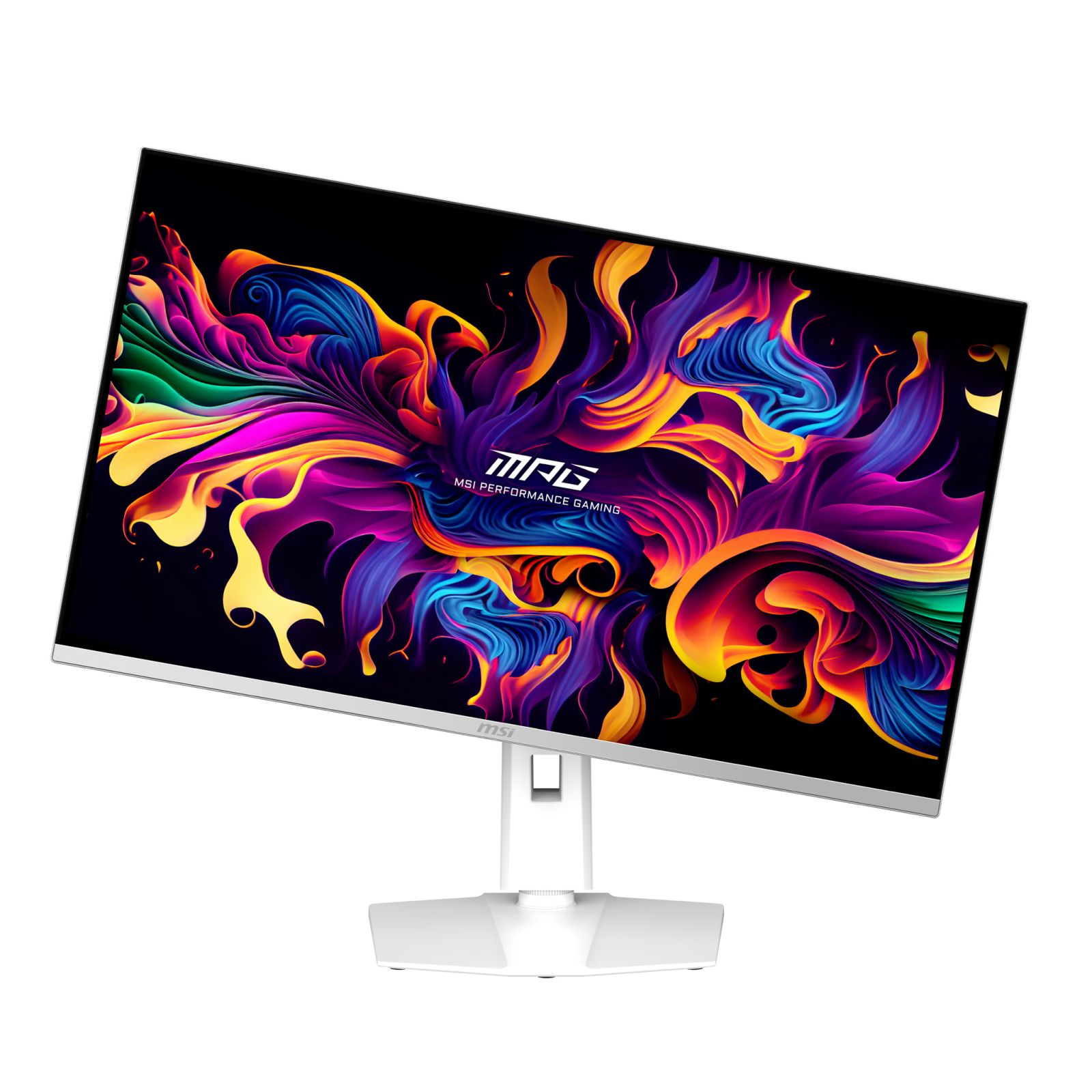 Biały monitor MSI z kolorowym, abstrakcyjnym tłem. Widoczne logo MSI.