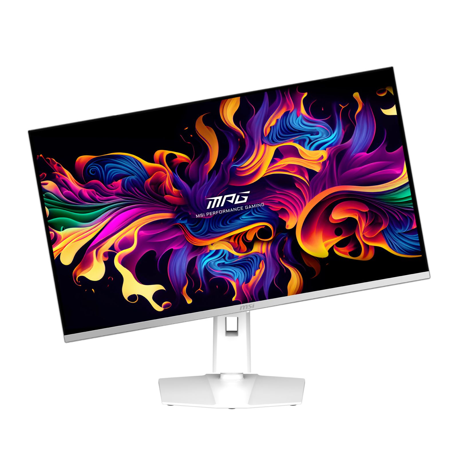 Biały monitor gamingowy MSI z kolorowym, abstrakcyjnym tłem.