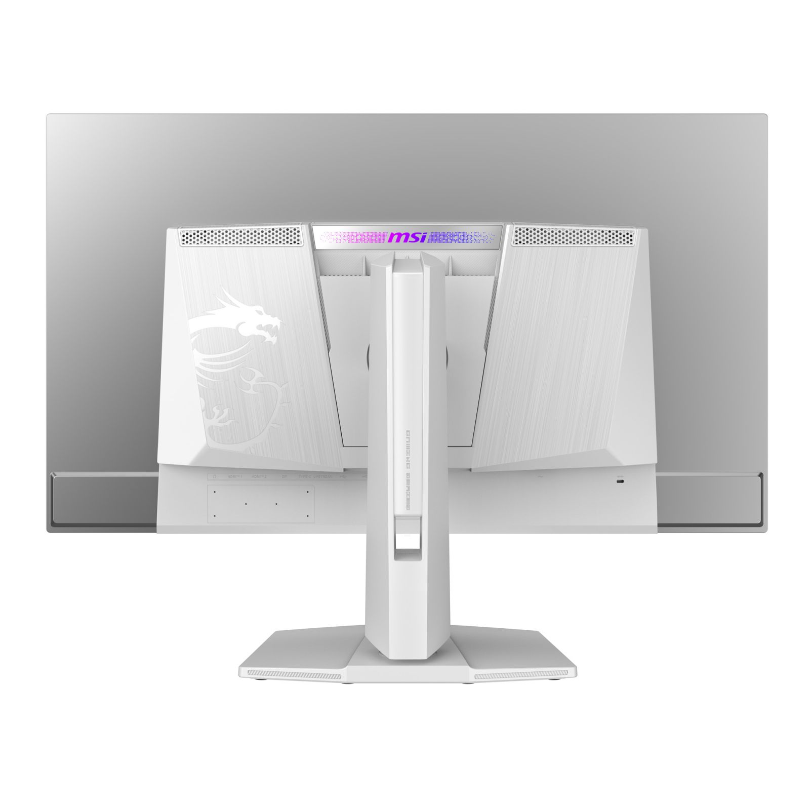 Tył białego monitora MSI z logo smoka i podświetleniem RGB.