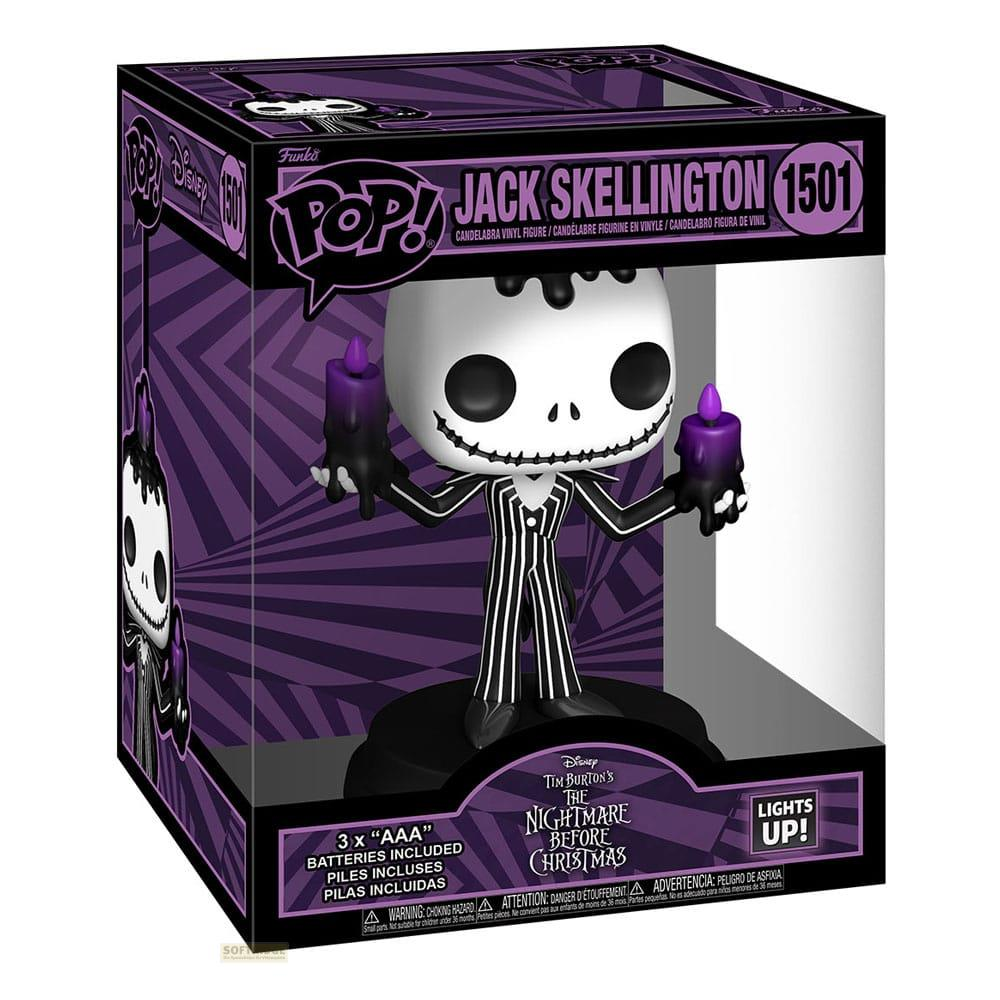 Figura Funko Pop! de Jack Skellington con dos velas púrpuras en caja morada.