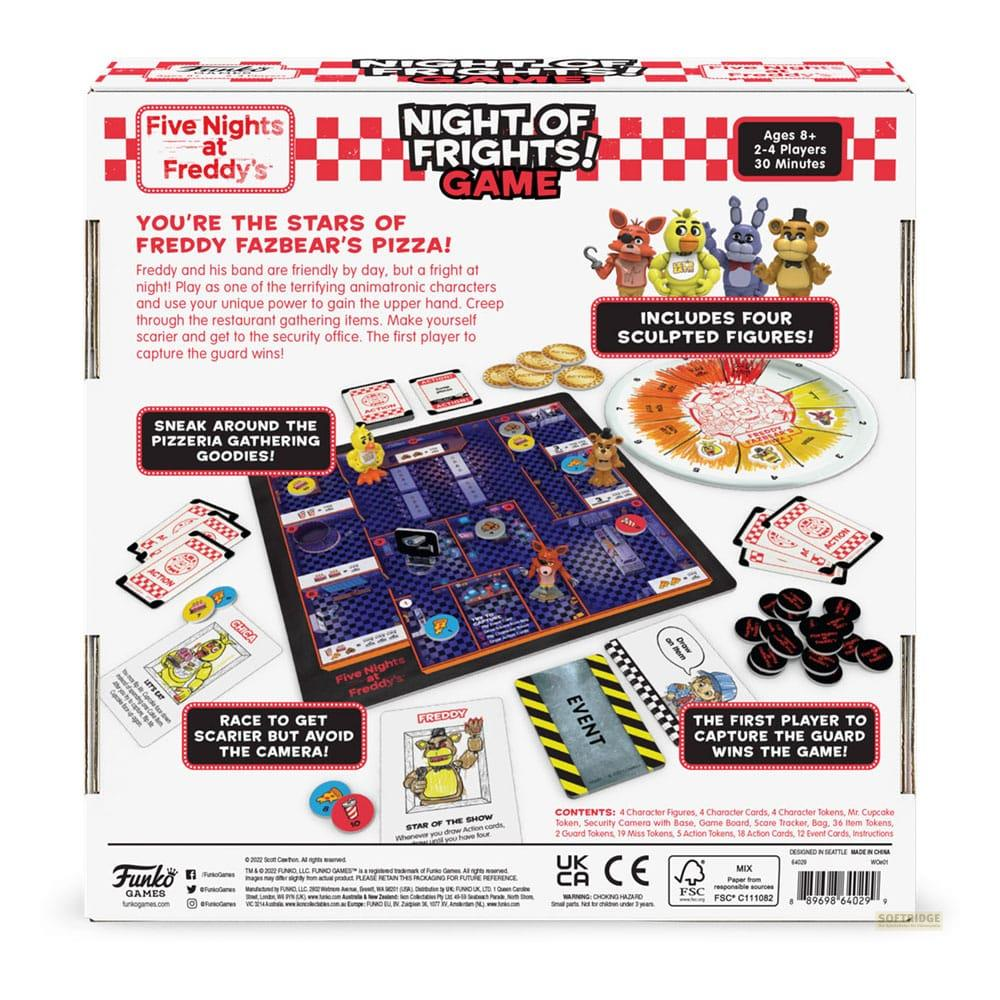 Il tabellone di gioco Five Nights at Freddy's con figure, carte e gettoni.