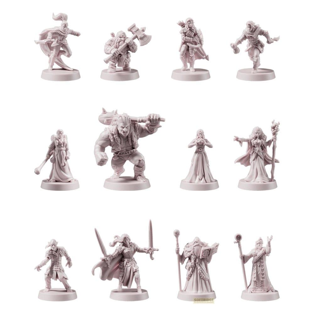 Miniaturfiguren: Krieger, Zwerg mit Axt, Bogenschütze, Magierin, Ork, Priesterin, Zauberer.