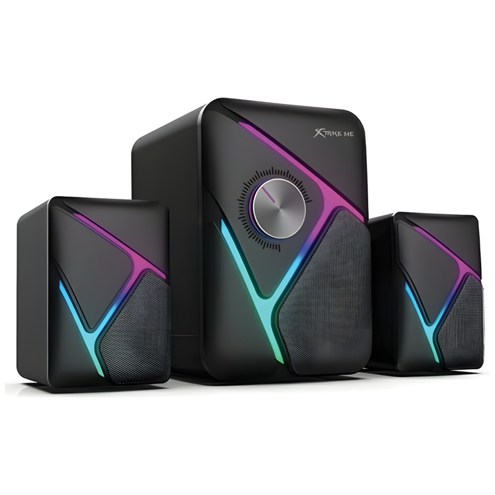 Altavoces negros con acentos LED coloridos y un mando giratorio plateado.