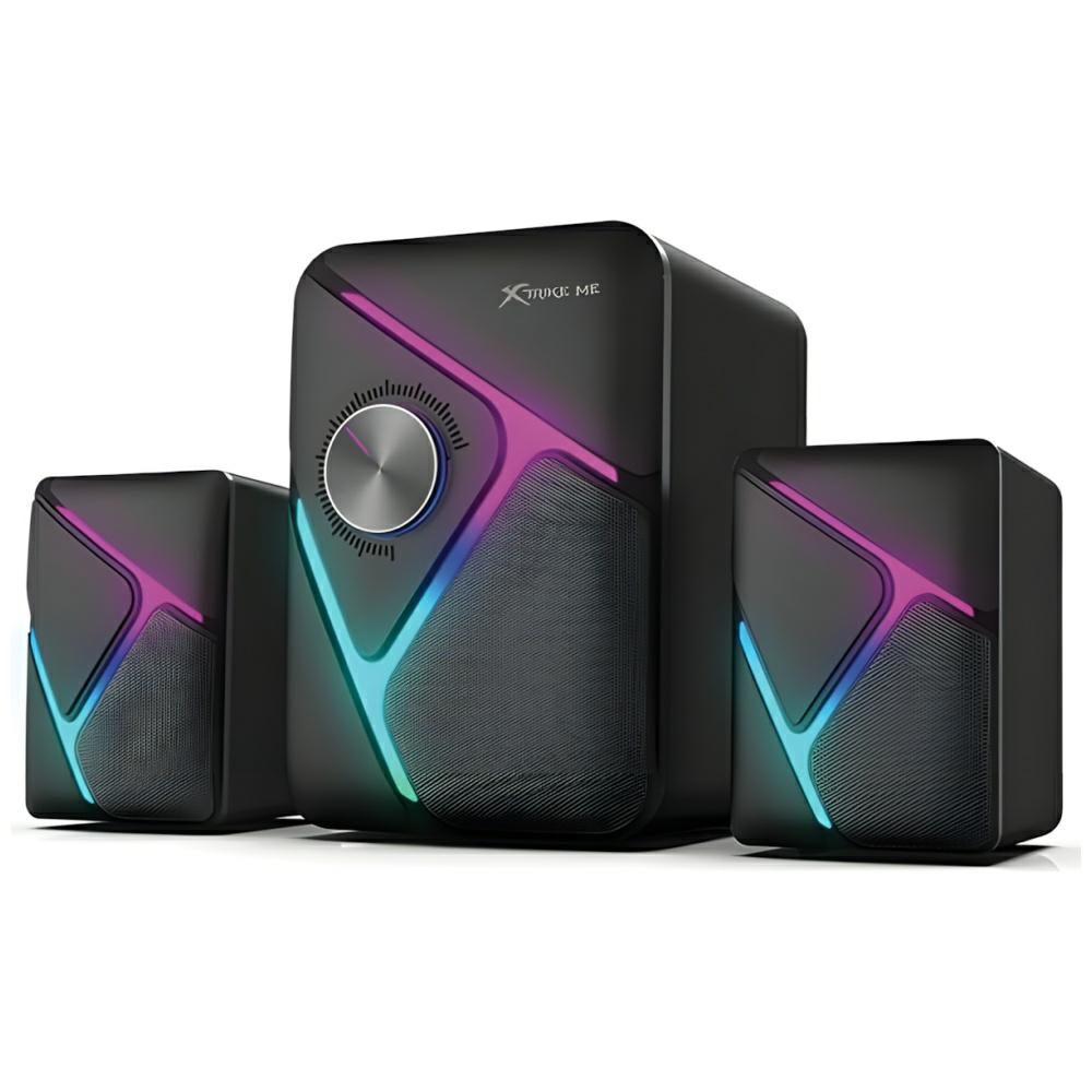 Altavoces negros con iluminación LED colorida y dial plateado.