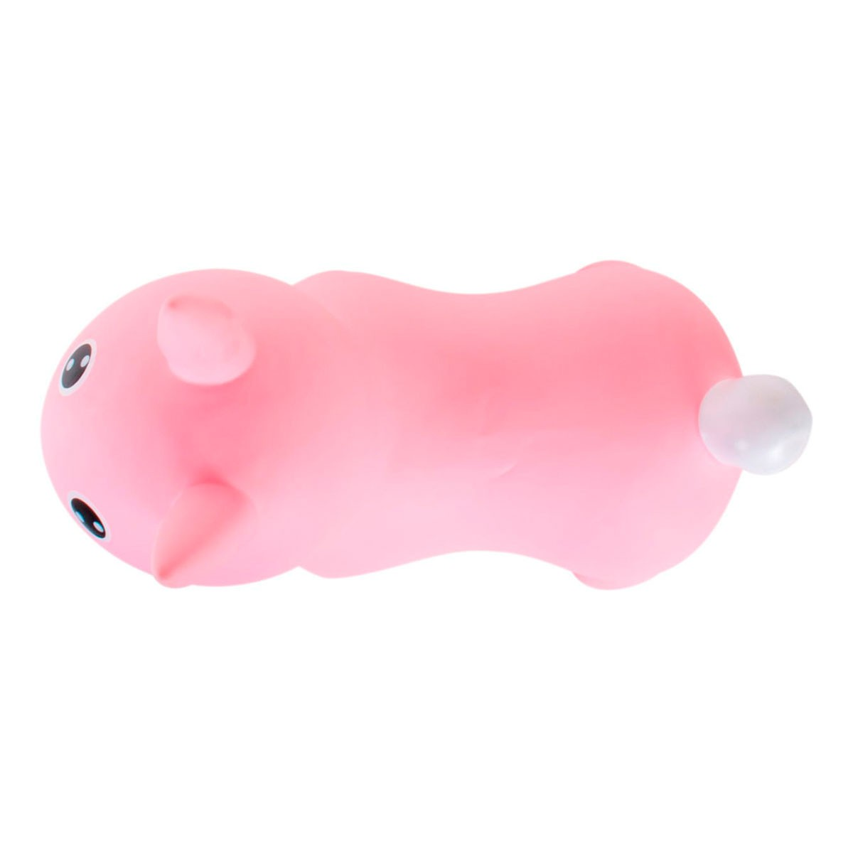 Una palla giocattolo rosa a forma di maialino con occhi neri e coda bianca.