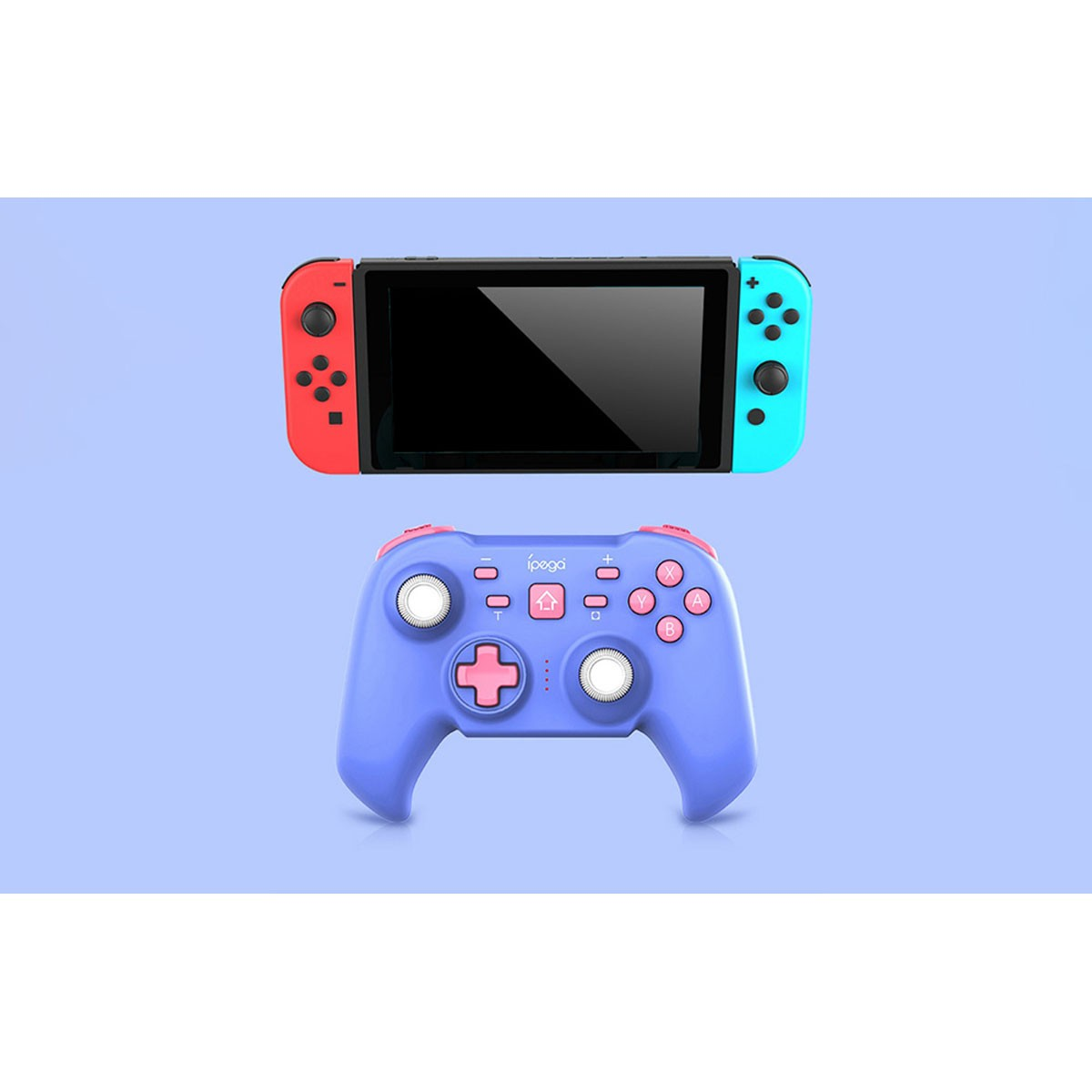 Una Nintendo Switch con Joy-Con rossi e blu sopra un controller viola.