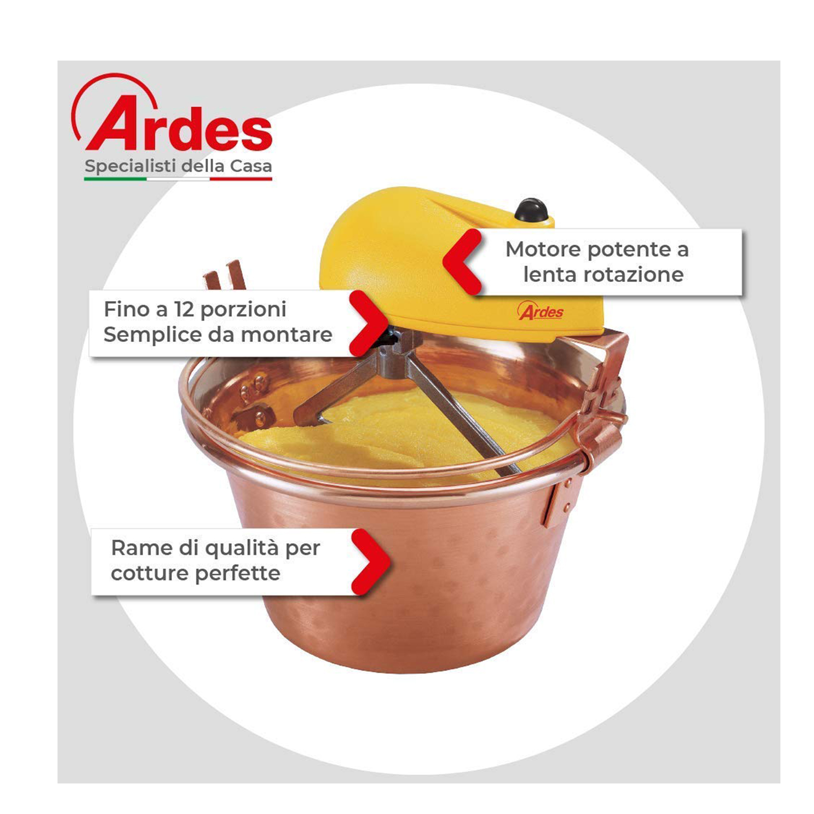 Impastatrice gialla con pentola in rame contenente impasto. Logo Ardes.