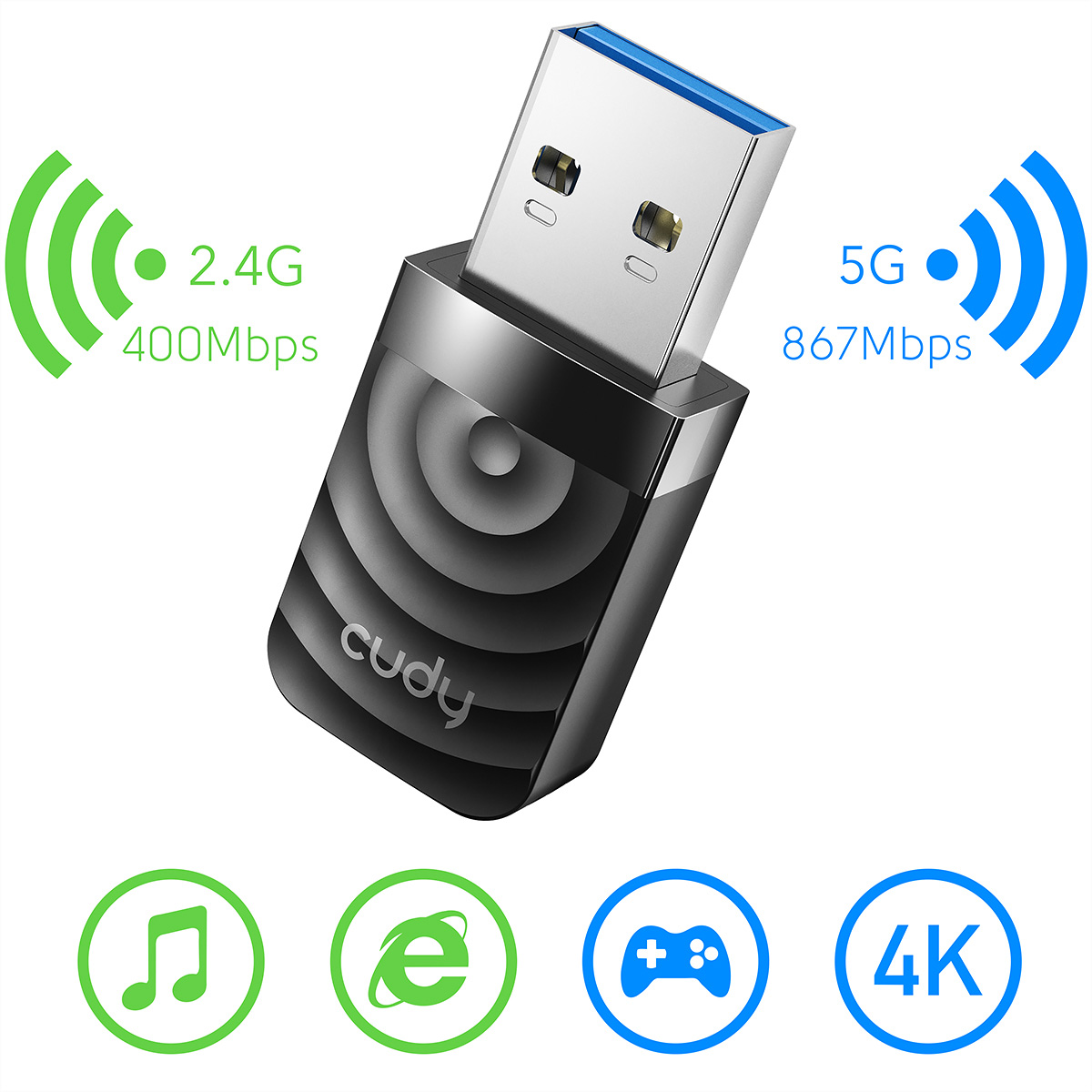 Un adaptador WiFi USB negro muestra especificaciones de 2.4G/400Mbps y 5G/867Mbps.