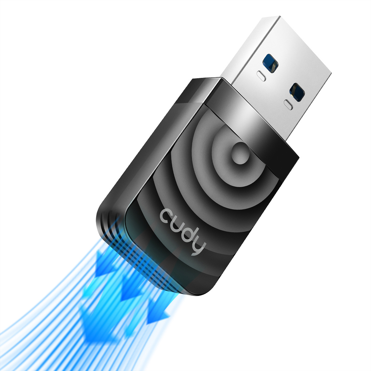 Un adaptador USB negro con flechas azules que indican transmisión de señal.