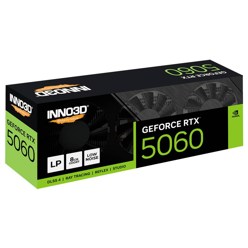 Scatola scheda grafica INNO3D GEFORCE RTX 5060 con grafica ventola.