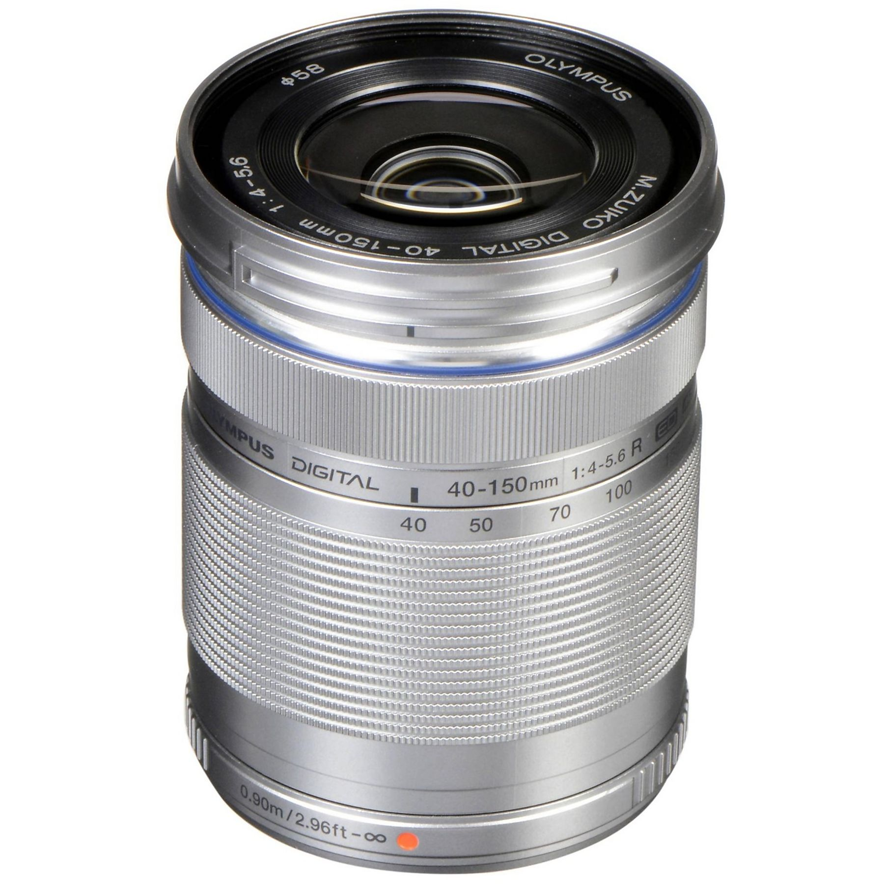 Obiettivo digitale Olympus M.ZUIKO argento con ghiera zoom e indicatori di messa a fuoco.