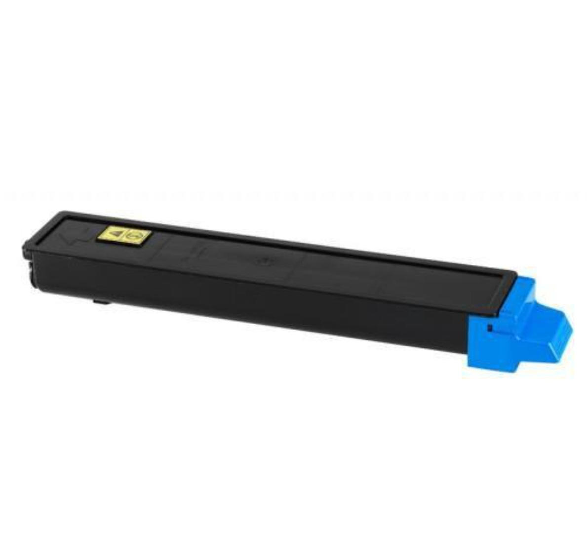 Cartuccia toner nera con estremità blu e simbolo giallo su sfondo bianco.