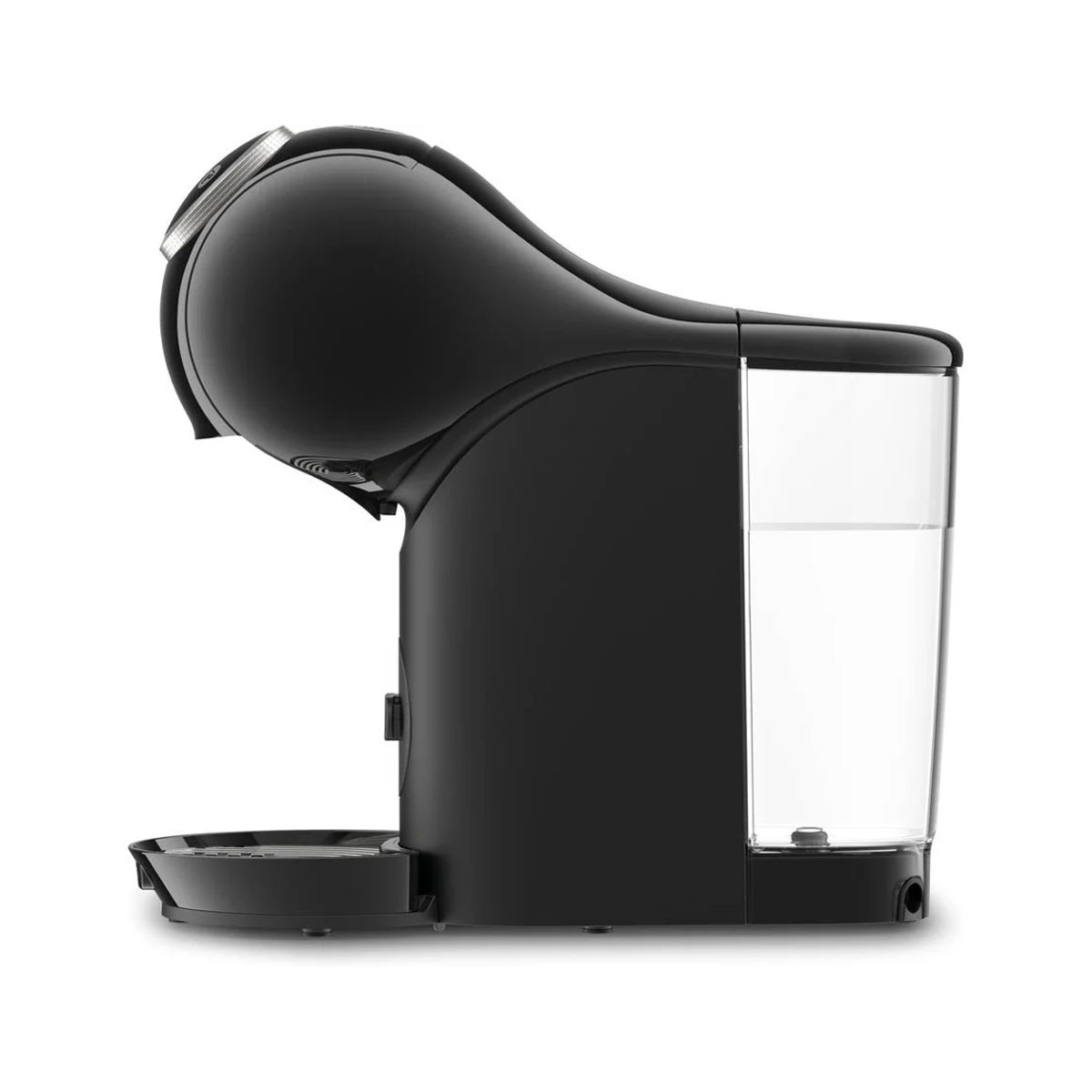 Macchina da caffè nera con serbatoio acqua trasparente, vista laterale.